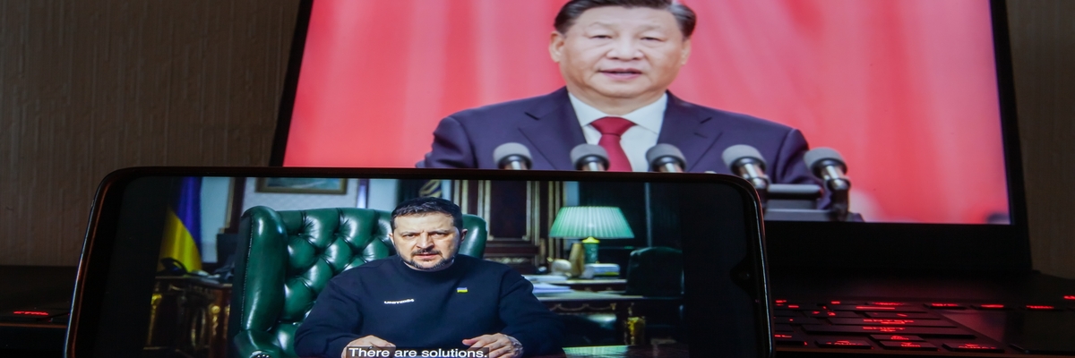 Chinese president Xi Jinping on the phone screen and Volodymyr Zelensky the president of Ukraine